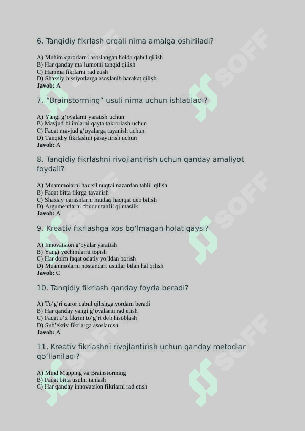 Mavzu:    “Kreativ va tanqidiy fikrlash” faniga kirish mavzusi bo‘yicha 20 ta test savollari va javoblari: 2