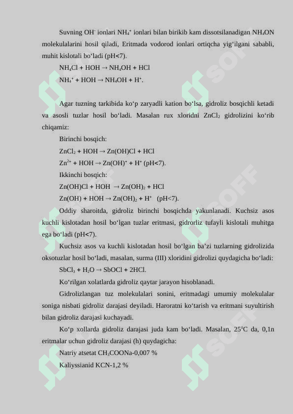 Tuzlarning gidrolizi. Gidroliz darajasiga temperaturaning ta’siri. Eritmani suyultirishni gidroliz darajasiga ta’siri 3