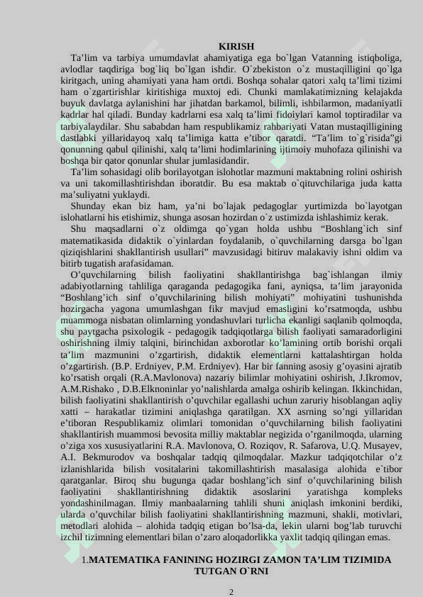 BOSHLANG’ICH SINFLARGA  DARSNI TASHKIL QILISH KO’RGAZMALILIK HAMDA DIDAKTIK MATERIALLARDAN FOYDALANISH 2
