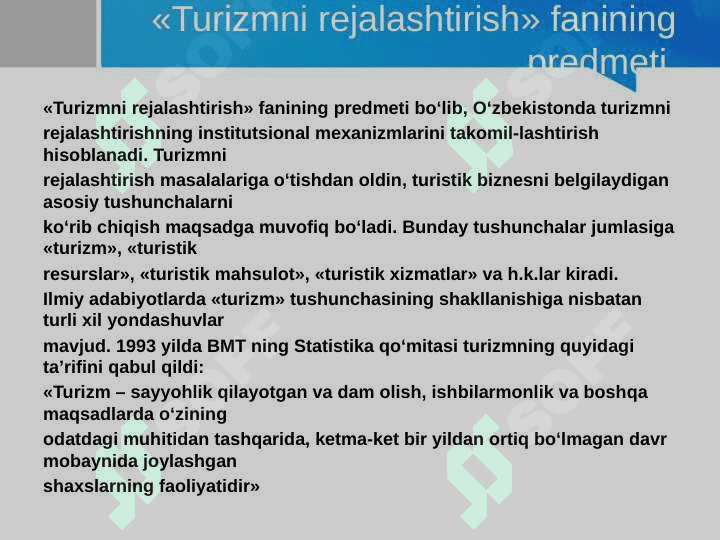 TURIZMNI REJALASHTIRISH» FANINING PREDMETI VAVAZIFALARI 3