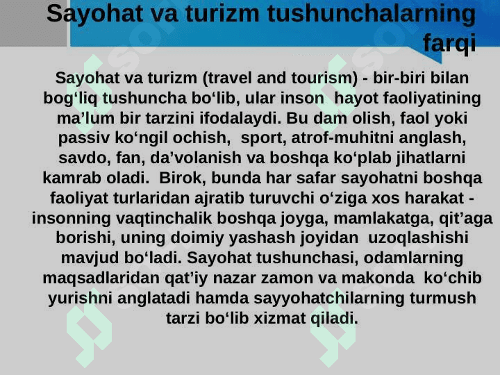 TURIZMNI REJALASHTIRISH» FANINING PREDMETI VAVAZIFALARI 4
