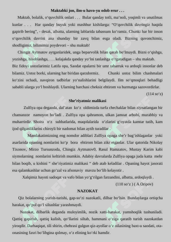 Ona tili va adabiyoti fanidan diktantlar to'plami 5