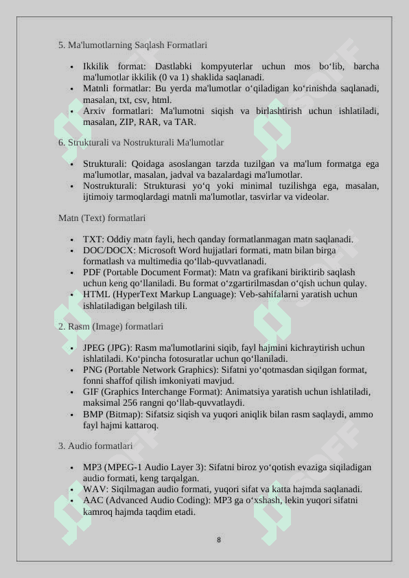 Ma’lumotlar formatlari va turlari hamda kompyuterda aks ettirilishi 8