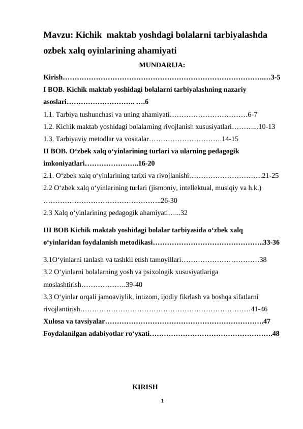 Mavzu: Kichik  maktab yoshdagi bolalarni tarbiyalashda ozbek xalq oyinlarining ahamiyati. Kurs ishi