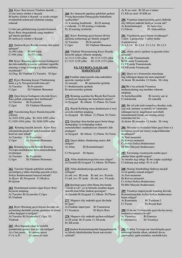 7-sinf Jahon tarixi mavzulashtirilgan testlar 8