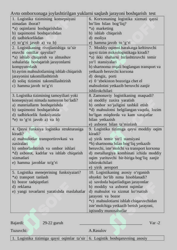 Logistika fanidan test 2