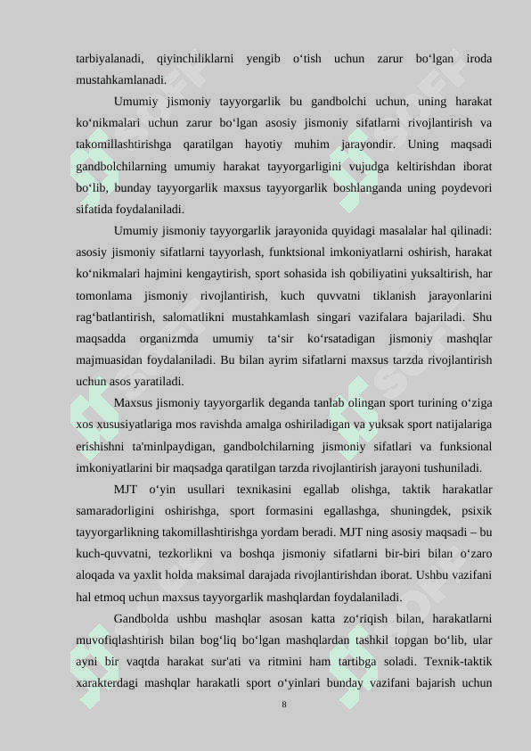 Gandbolchilarda jismoniy, texnik va taktik tayyorgarligini takomillashtirish uchun mashg’ulot vazifalari 8