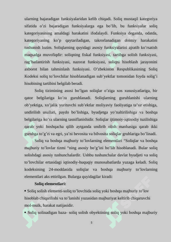 O’zbekiston respublikasida mavjud soliqlar va ularning soliq solish bazalari. 5