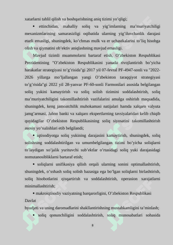 O’zbekiston respublikasida mavjud soliqlar va ularning soliq solish bazalari. 8