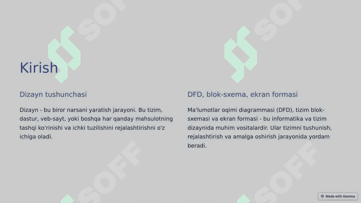 Dizayn. Ma'lumotlar oqimi diagrammasi. Tizim blok-sxemasi. Ekran formasi. 2