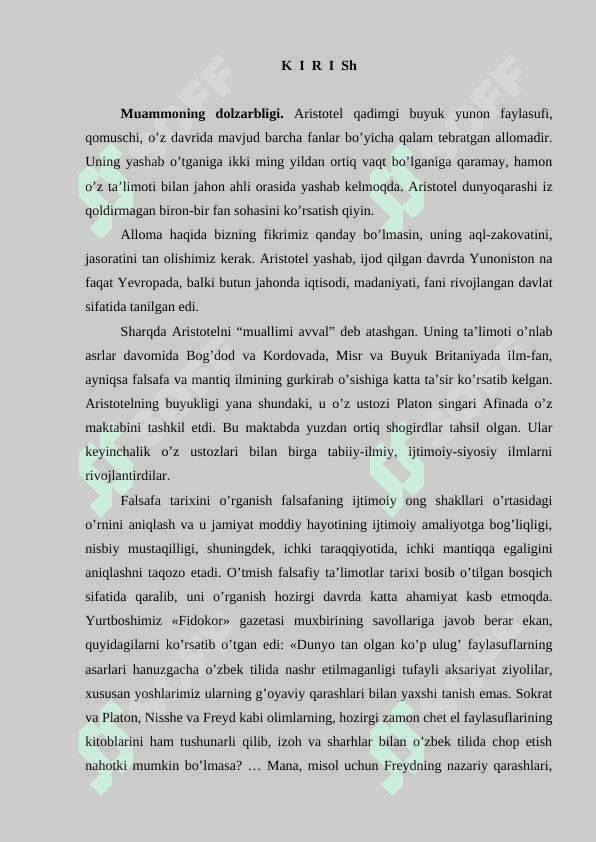 Aristotelning borliq haqidagi ta’limotining sharqqa tarqalishi K 3