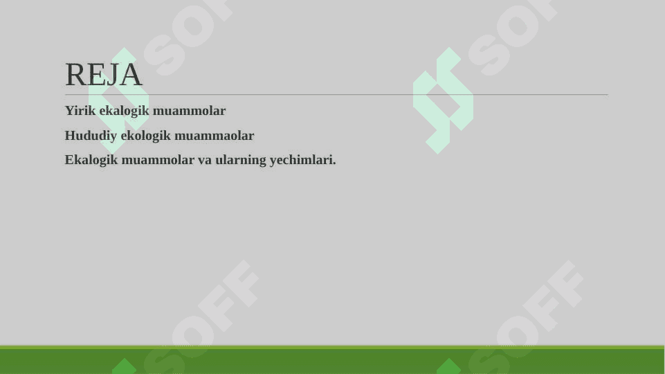 HOZIRGI ZAMON EKOLOGIK MUAMMOLARI TAHLILI.ULARNI BARTARAF ETISH YO`LLARI. 2