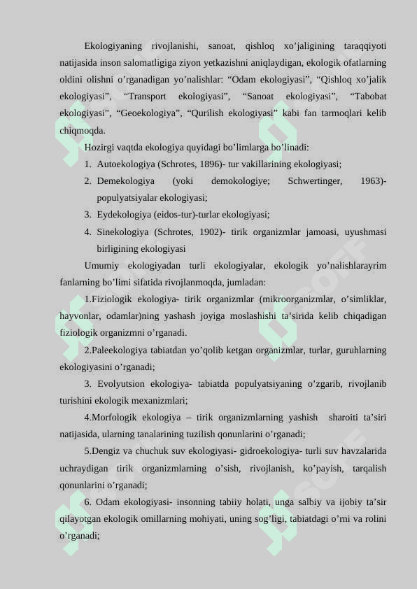 Ekologiya fani va uning bo’limlari, uslublari va vazifalari 2