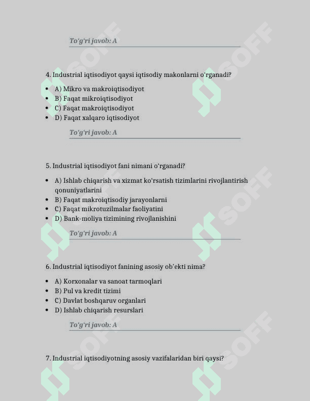 Mavzu: Industrial iqtisodiyot” faniga kirish. Fanning predmeti, vazifalari, ob’ekti. 100 TA TEST JAVOBLARI BILAN 2