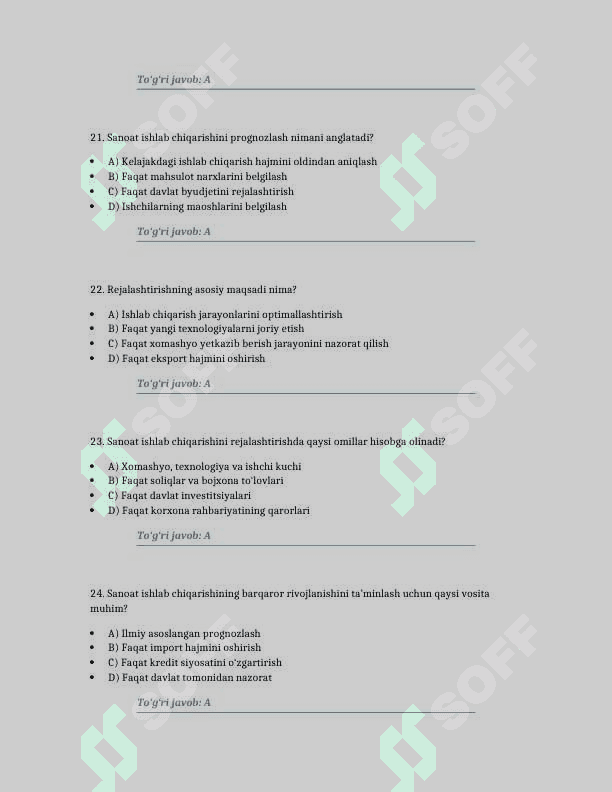 Mavzu: Sanoat Ishlab Chiqarishini Prognozlash va Rejalashtirish: Test Savollari. 100 TA TEST JAVOBLARI BILAN 6
