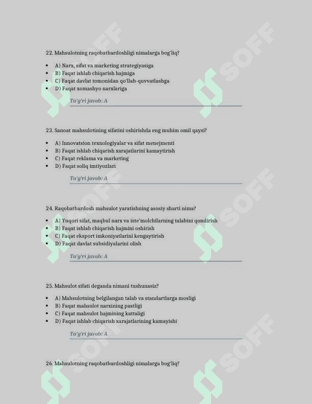 Sanoat mahsulotining sifati va uning raqobatbardoshligi 100 TA TEST JAVOBLARI BILAN 6