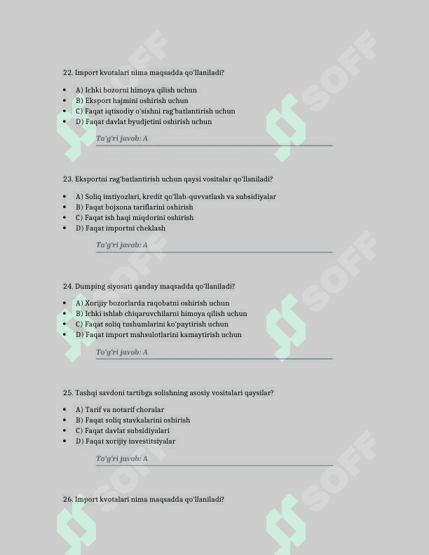Tashqi savdoni davlat tomonidan tartibga solish va boshqarish yo’llari. 100 TA TEST JAVOBLARI BILAN 6
