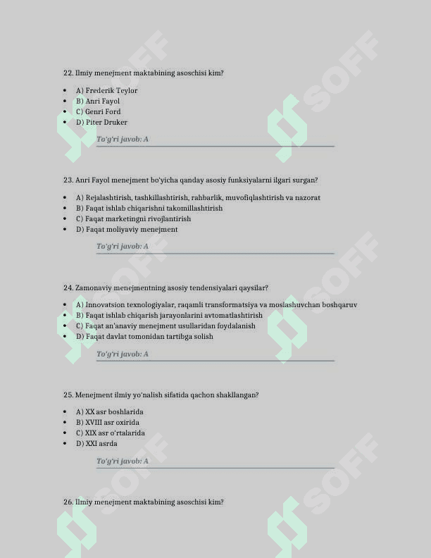 Menejmentning rivojlanish tarixi va hozirgi holati. 100 TA TEST JAVOBLARI BILAN 6