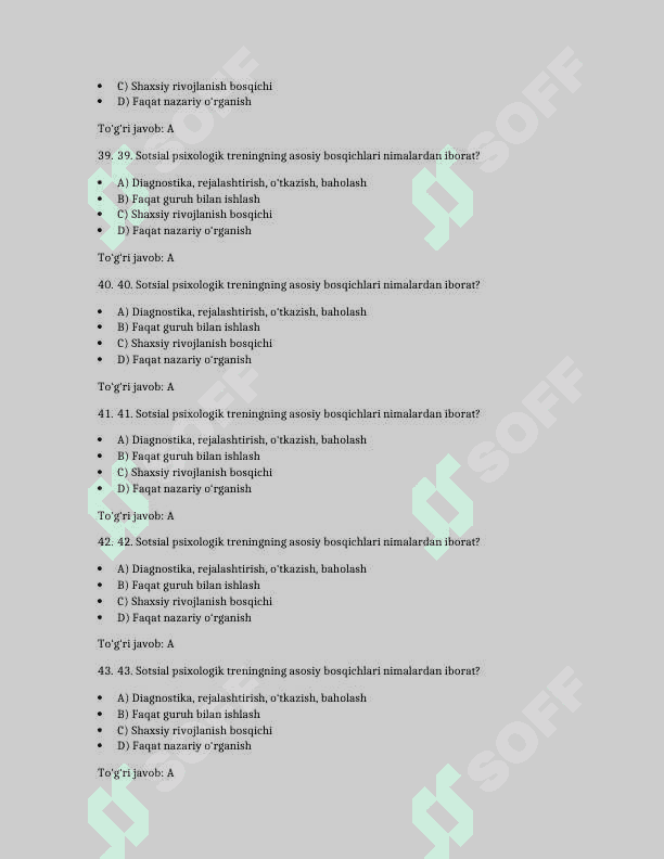 Korrelyatsiya tushunchasi va uning psixologik tadqiqotlardagi o‘rni. Spirmen korrelyatsiyasi 100 TA TEST JAVOBLARI BILAN 8