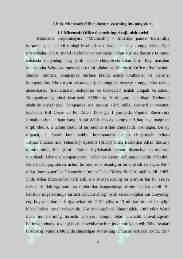 Microsoft Office dasturini o’qitish metodikasi KURS ISHI 5