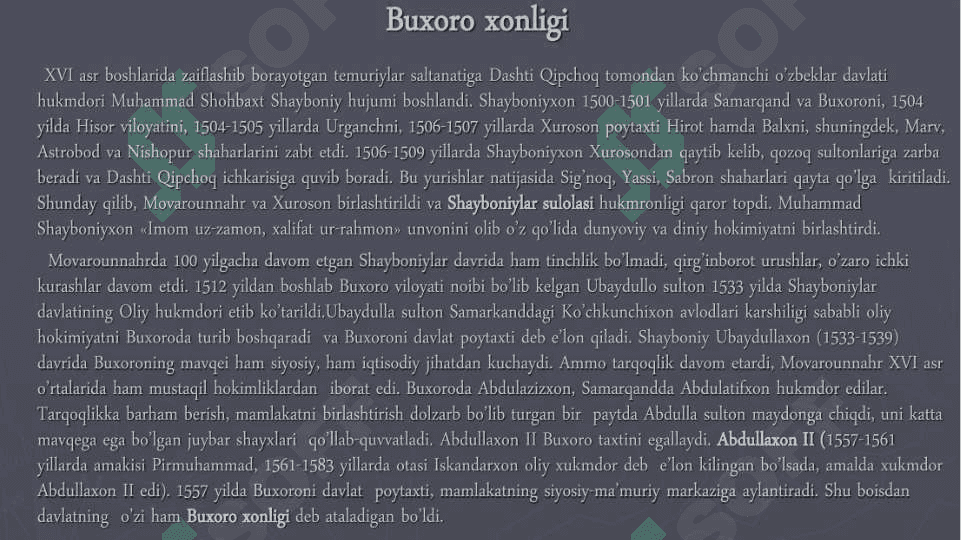 O'rta Osiyoning xonliklarga bo'linib ketishi.XVI-XIX-asrda ijtimoiy siyosiy ahvol. 2