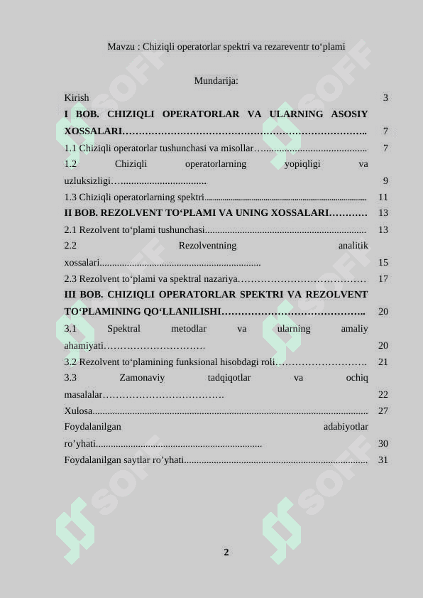 Chiziqli operatorlar spektri va rezareventr to‘plam 2