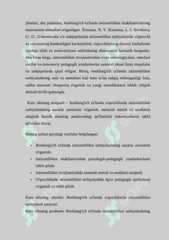 Boshlang'ich ta'limda o'quvchilarda intizomlilikni tarbiyalashning usul va metodlari  kuurs ishi 3