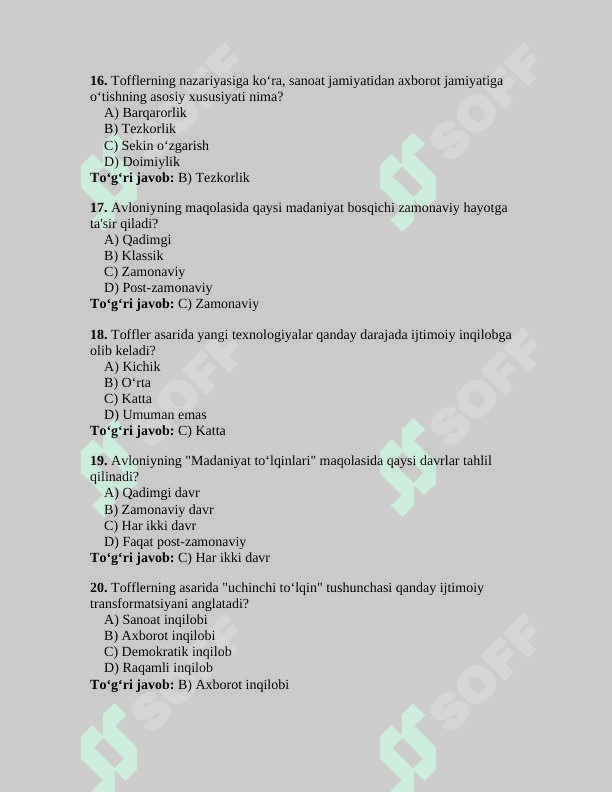 Mavzu: Avloniyning “ Madaniyat toʻlqinlari” maqolasi va E.Tofflerning “uchinchi toʻlqin “ asarini qiyosiy tahlil etish.100 TA TEST JAVOBLARI BILAN 4