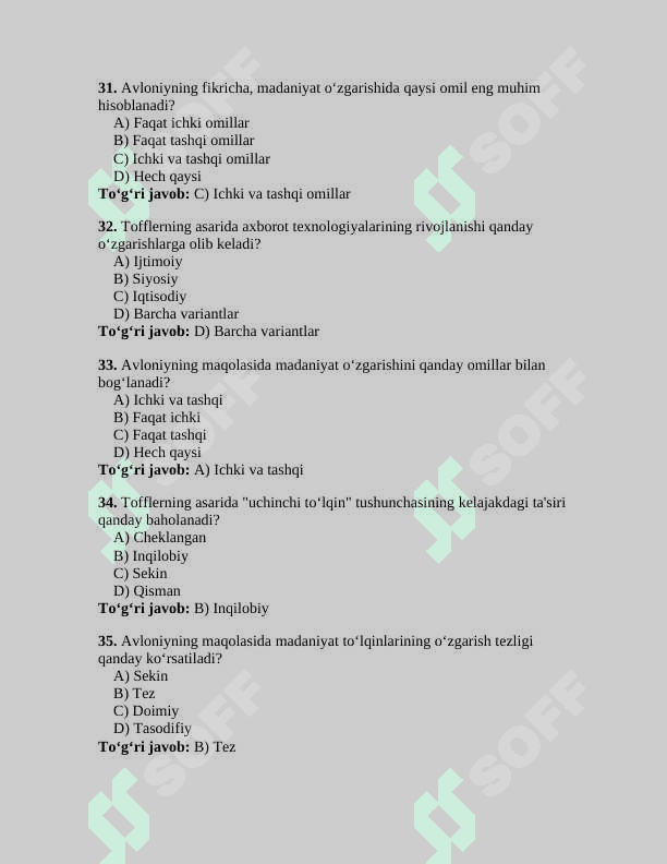 Mavzu: Avloniyning “ Madaniyat toʻlqinlari” maqolasi va E.Tofflerning “uchinchi toʻlqin “ asarini qiyosiy tahlil etish.100 TA TEST JAVOBLARI BILAN 7