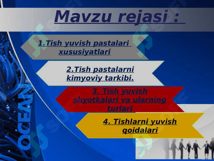 Tish yuvish pastalari.Kimyoviy tarkibi va xususiyatlari.Tish yuvish shotkalari va  ularning turlari.Tishlarni yuvish qoidalari 2