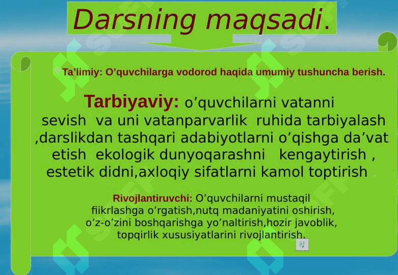Vodorod oddiy modda. Uning formulasi va molar  massasi. Vodorodning  fizik va kimyoviy xossasi. VODOROD - SOF EKOLOGIK YONILG'I ISHLATILISHI 2