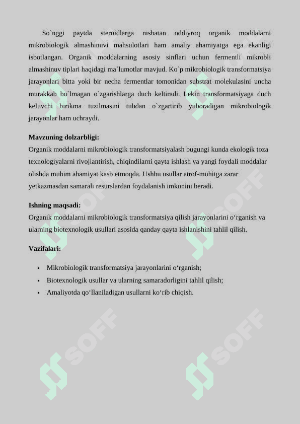 Organik moddalarni mikrobiologik transformatsiyalash va ularni qaytarilishini biotexnologik uslublari Kurs ishi 4