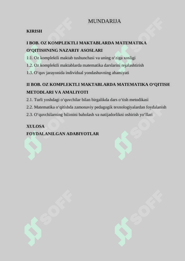 Oz komplektli maktablarda matematika o’qitish xususiyatlari. Oz komplektli maktablarda matematika o’qitishni tashkil qilishning o’ziga xos xususiyatlari Kurs ishi 2