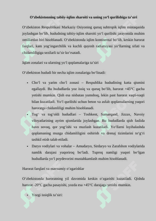 Oʻzbekiston tabiiy-iqlim sharoitida sementbeton qoplamalarini qurishning oʻziga xos tomonlari referat 2