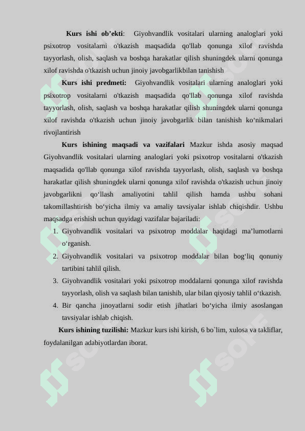 Giyohvandlik vositalari ularning analoglari yoki psixotrop vositalarni o'tkazish maqsadida qo'llab qonunga xilof ravishda tayyorlash, olish, saqlash va boshqa harakatlar qilish shuningdek ularni qonunga xilof ravishda o'tkazish uchun jinoiy javobgarlik 4