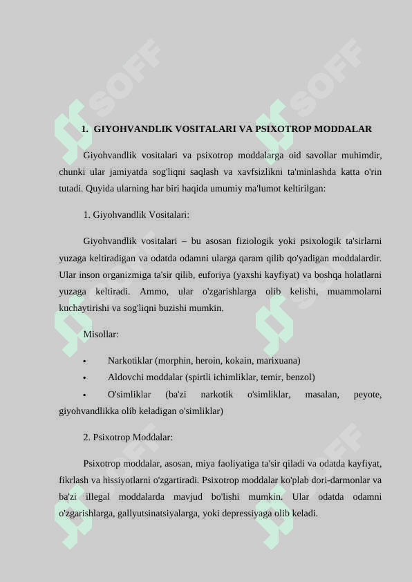 Giyohvandlik vositalari ularning analoglari yoki psixotrop vositalarni o'tkazish maqsadida qo'llab qonunga xilof ravishda tayyorlash, olish, saqlash va boshqa harakatlar qilish shuningdek ularni qonunga xilof ravishda o'tkazish uchun jinoiy javobgarlik 5