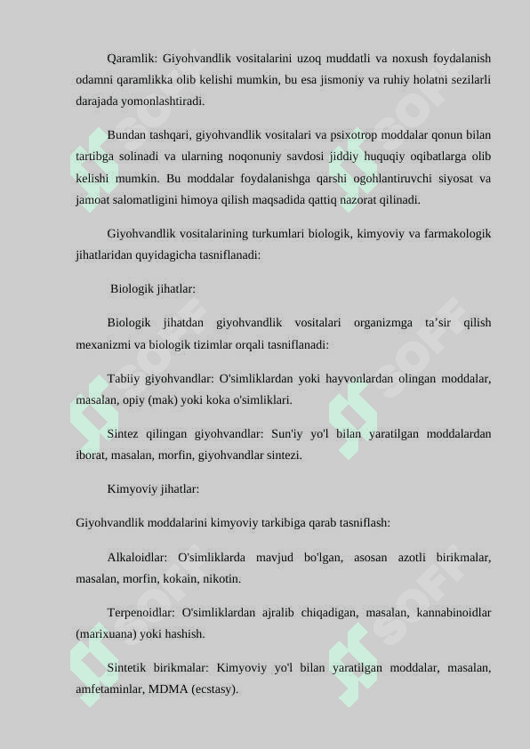 Giyohvandlik vositalari ularning analoglari yoki psixotrop vositalarni o'tkazish maqsadida qo'llab qonunga xilof ravishda tayyorlash, olish, saqlash va boshqa harakatlar qilish shuningdek ularni qonunga xilof ravishda o'tkazish uchun jinoiy javobgarlik 8