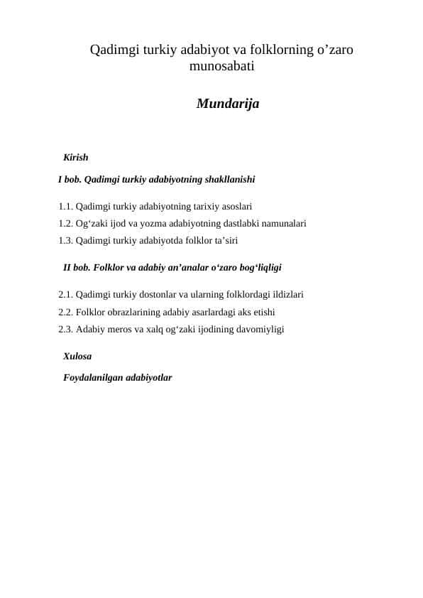 Qadimgi turkiy adabiyot va folklorning o’zaro munosabati KURS ISHI