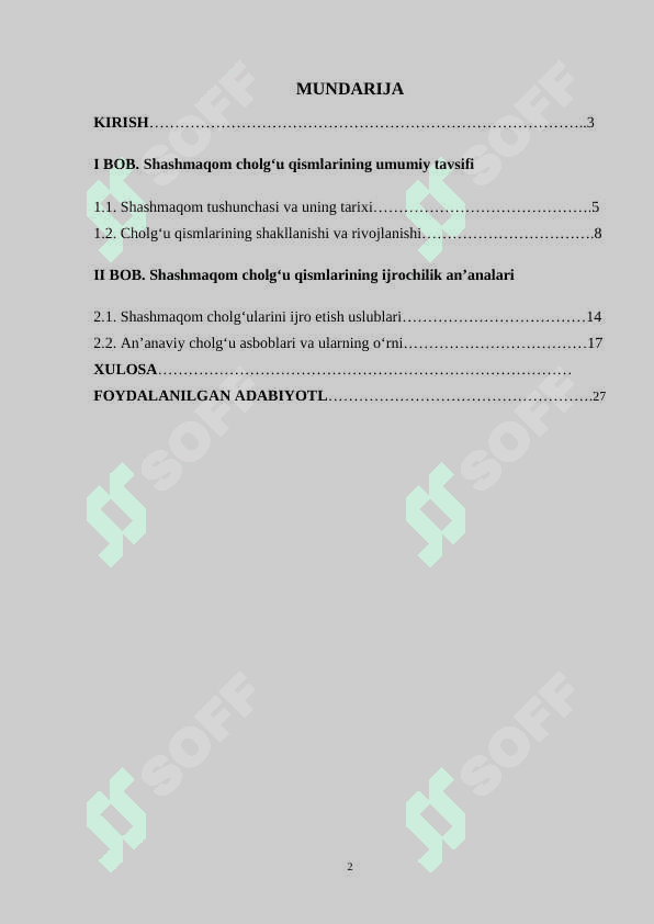 Shashmaqom cholg’u qismlarining ijrochiligi kURS ISHI 2