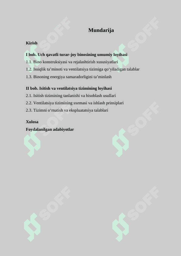 Uch qavatli turar-joy binosining isitish va ventilatsiya loyihasi KURS ISHI 2