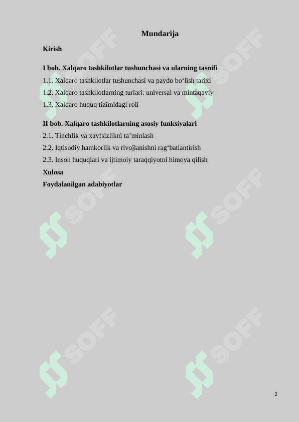 Xalqaro tashkilotlarning asosiy funksiyalari KURS ISHI 2