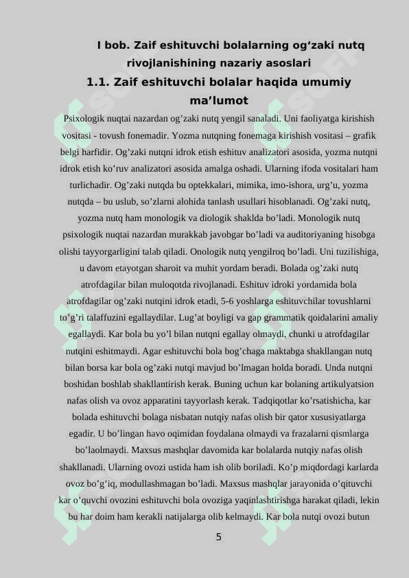 Zaif eshituvchi bolalarning og’zaki nutq ko’nikmalari va bilimlarini baholash KURS ISHI 5