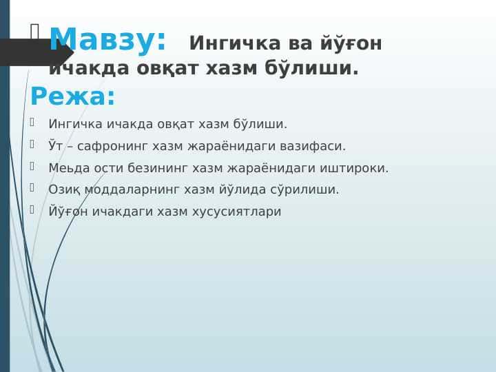 INGICHKA VA YO`G`ON ICHAKDA OVQAT HAZM BO`LISHI