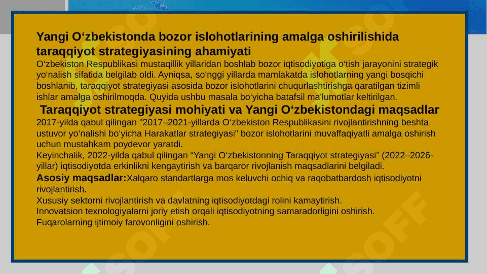O‘ZBEKISTONDA BOZOR IQTISODIYOTIGA O’TISHNING  XUSUSIYATLARI VA BOZOR ISLOHATLARINI AMALGA  OSHIRISHDA TARAQQIYOT STRATEGIYASINING AHAMIYATI 8