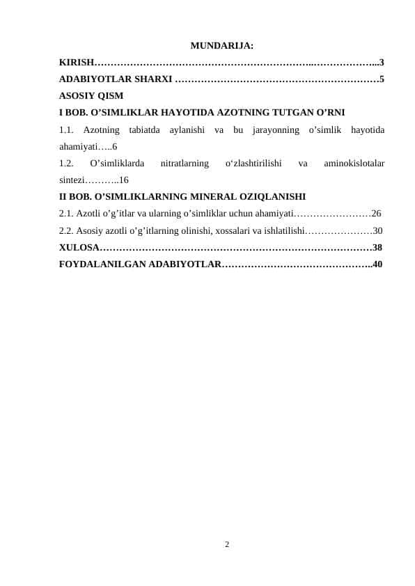 O’SIMLIKLAR HAYOTIDA AZOTNING TUTGAN O’RNI
