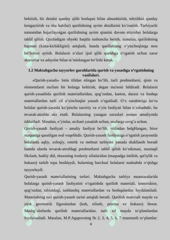 Tayyorlov guruh tarbiyalanuvchilar uchun qurush va konstruksiyalash faoliyatlarini loyihalashtirish 8