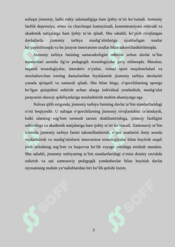Jismoniy tarbiya bo’yicha davlat ta’lim standartlari va o’quv soatlarini rejalashtirish 7