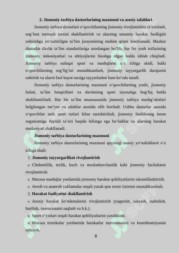 Jismoniy tarbiya bo’yicha davlat ta’lim standartlari va o’quv soatlarini rejalashtirish 8
