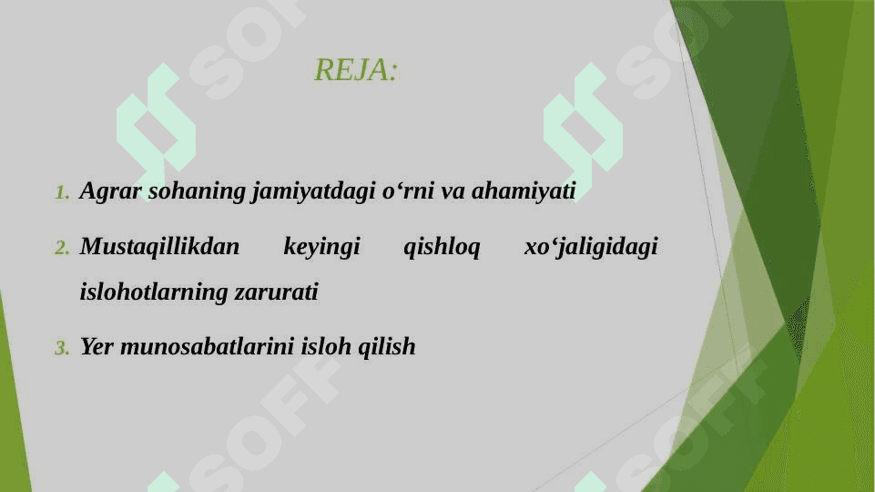 AGRAR SOHADA AMALGA OSHIRILGAN O‘ZGARISHLAR. DEHQON VA FERMER XO‘JALIKLARINING TASHKIL ETILISHI. 2