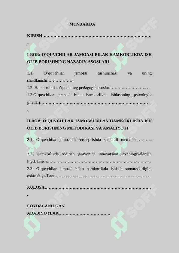 Oʼquvchilar jamoasi bilan hamkorlikda ish olib borish metodikasi KURS ISHI 2